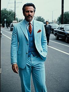 Man in Light Blue Pant Matching Costume with Red Tie in Cinematic Urban Street