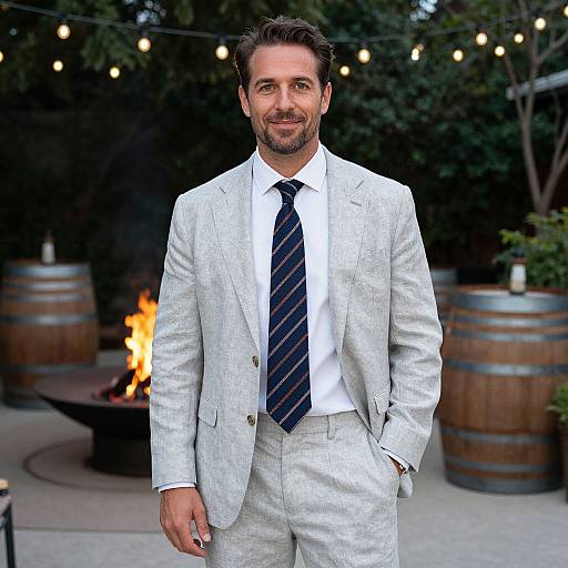 Man in Light Grey Suit with Navy Tie Standing Outdoors by Fire Pit