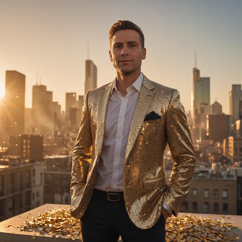 Confident man in golden sequin jacket on rooftop with falling money