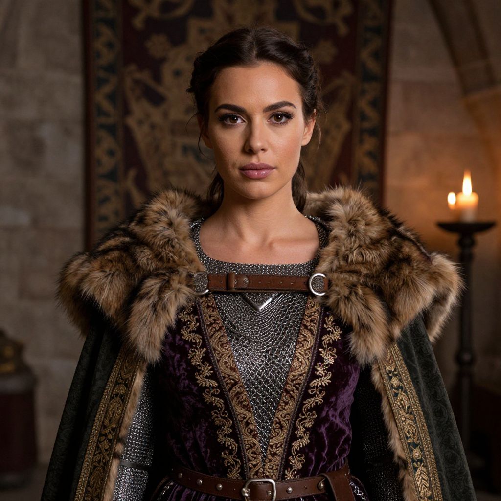 Medieval Woman in Ornate Fur Trimmed Costume and Chainmail Portrait