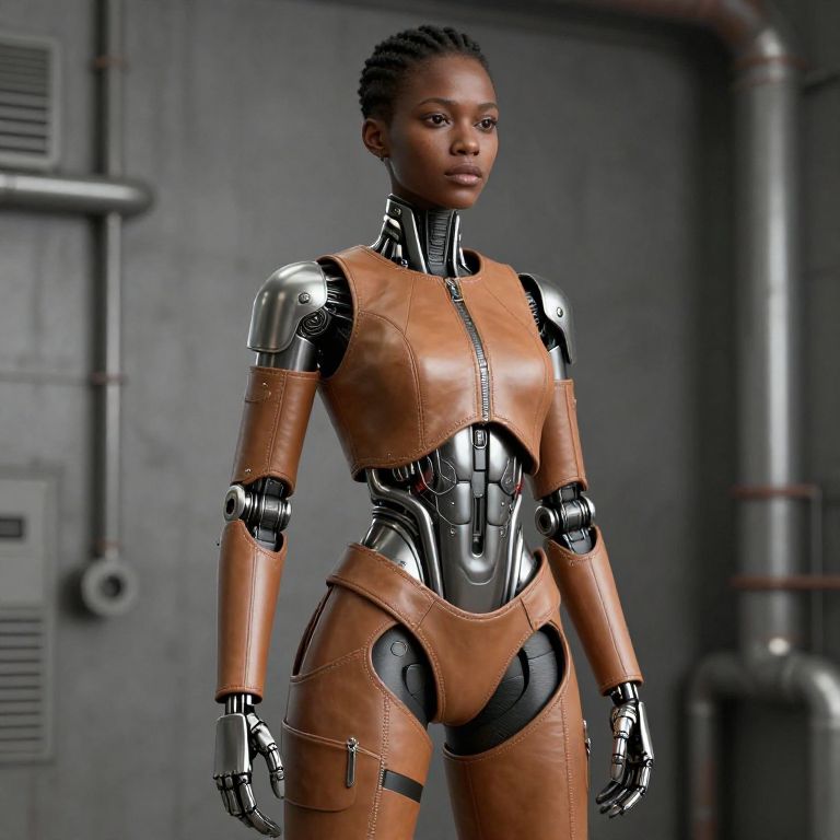Futuristic Female Android Robot with Brown Leather Armor