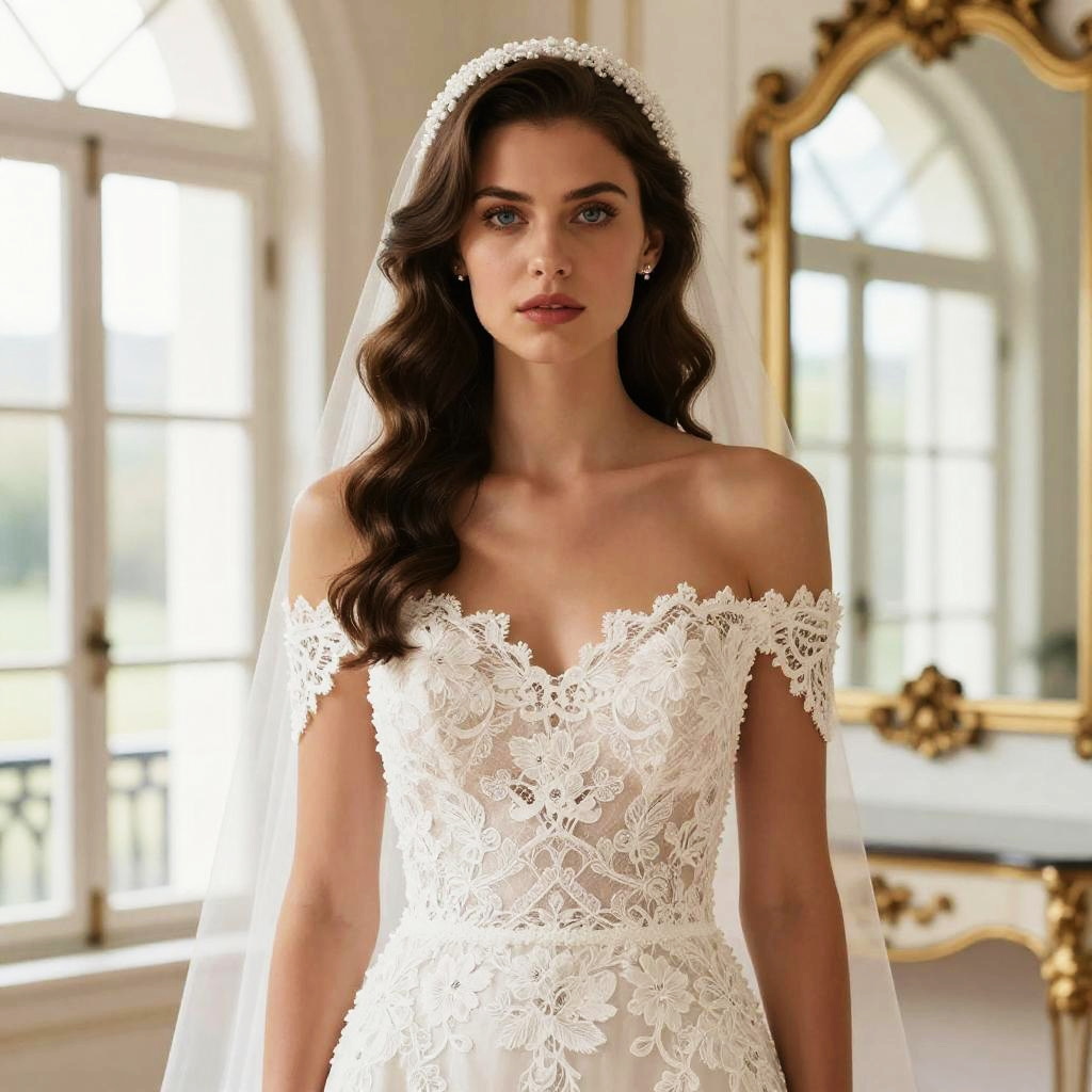 Elegant Off-Shoulder Lace Wedding Dress with Pearl Headband