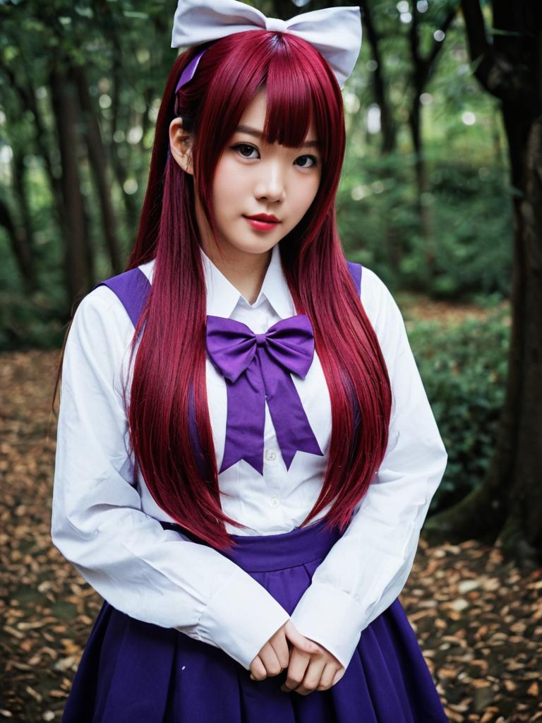 Woman in Japanese Anime Style School Uniform with Red Hair in Forest