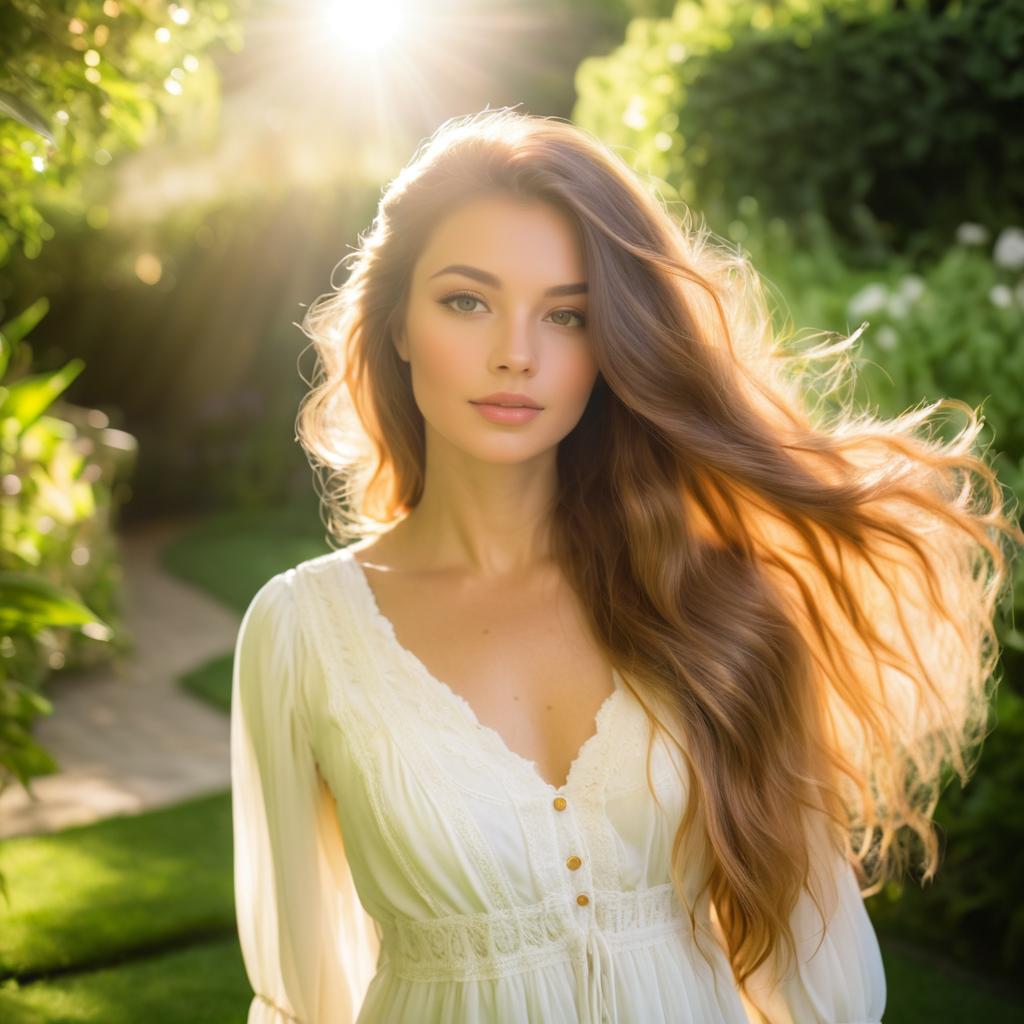 Woman in White Dress in Serene Garden