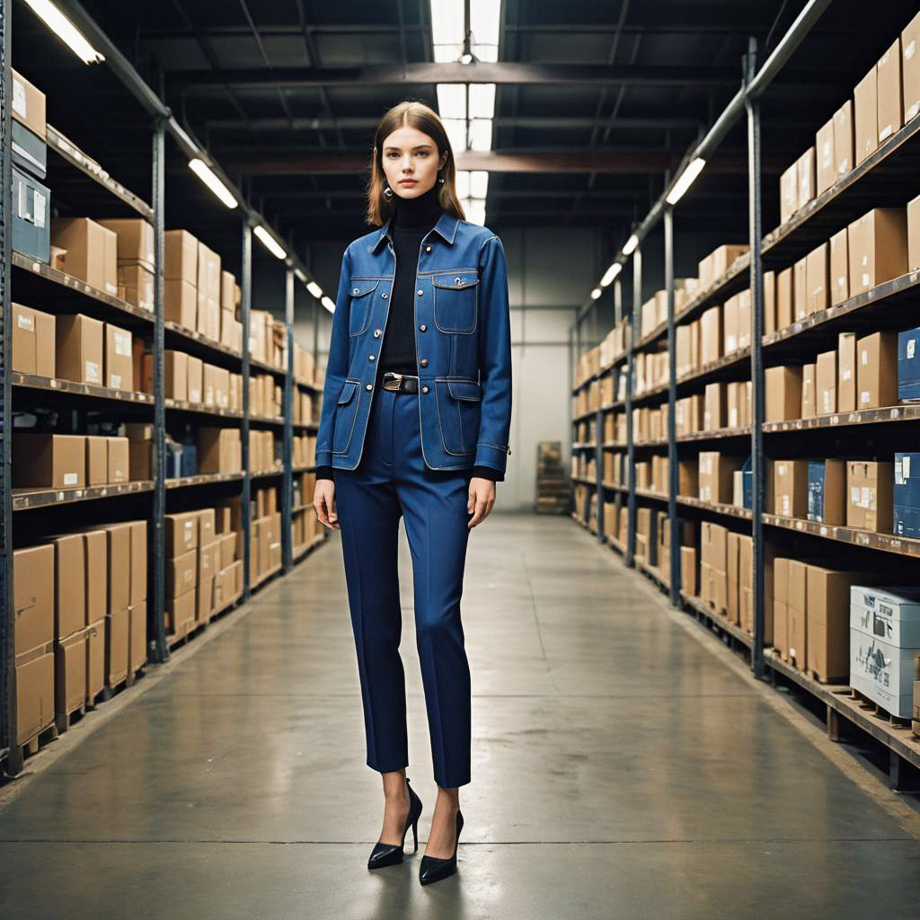 Confident Woman in Stylish Attire in Warehouse