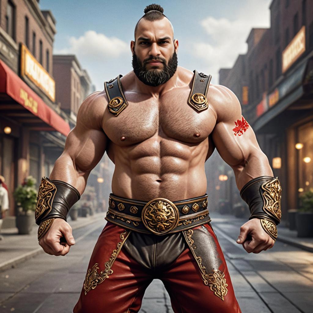 Zangief from Street Fighter in Urban Setting