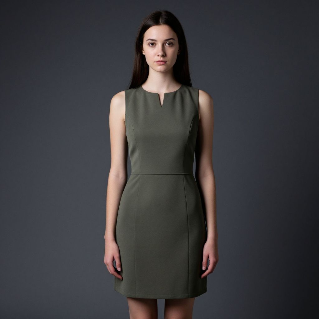 Young Woman in Sleek Olive Green Sleeveless Dress Portrait