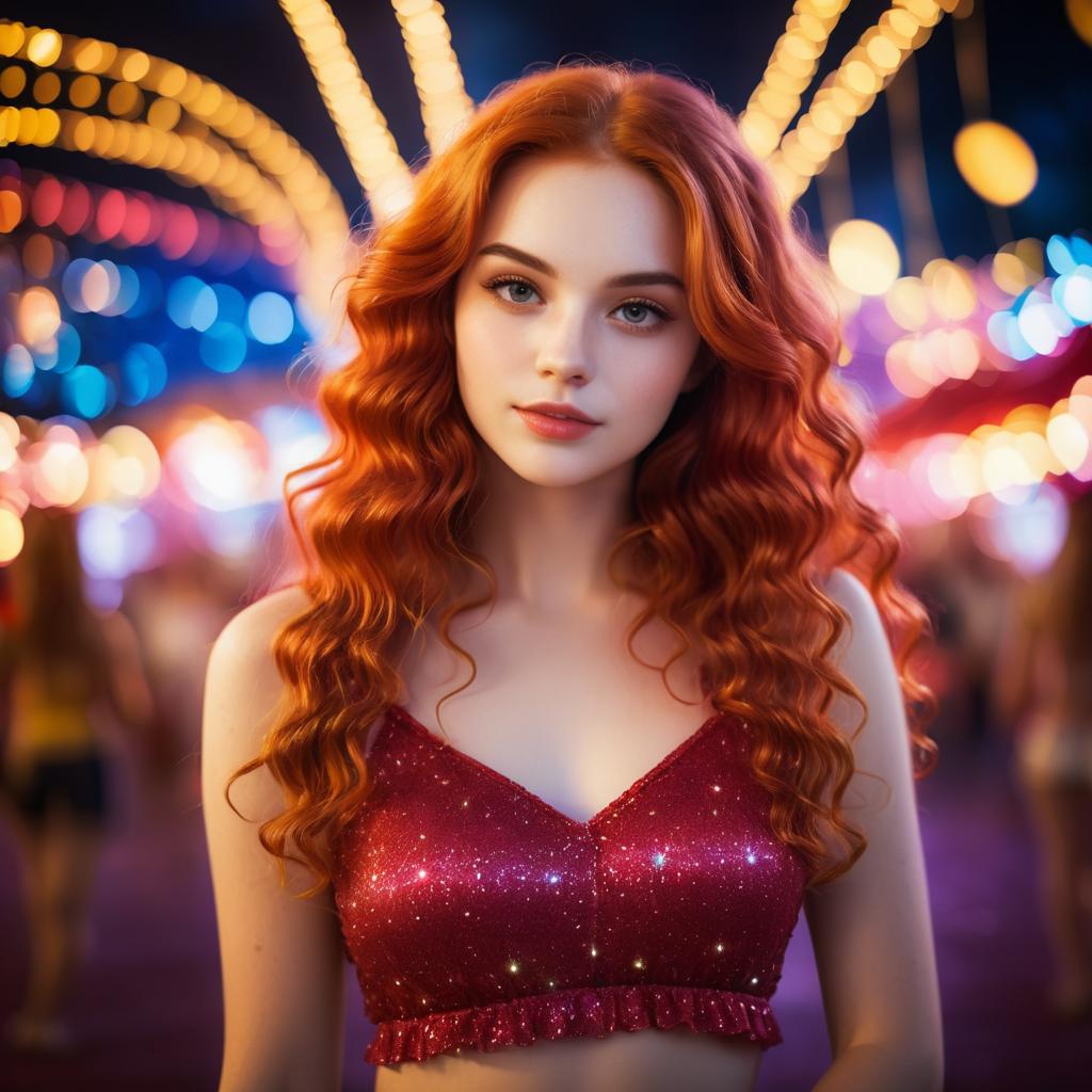 Woman with Red Hair in Sparkling Burgundy Top at Carnival