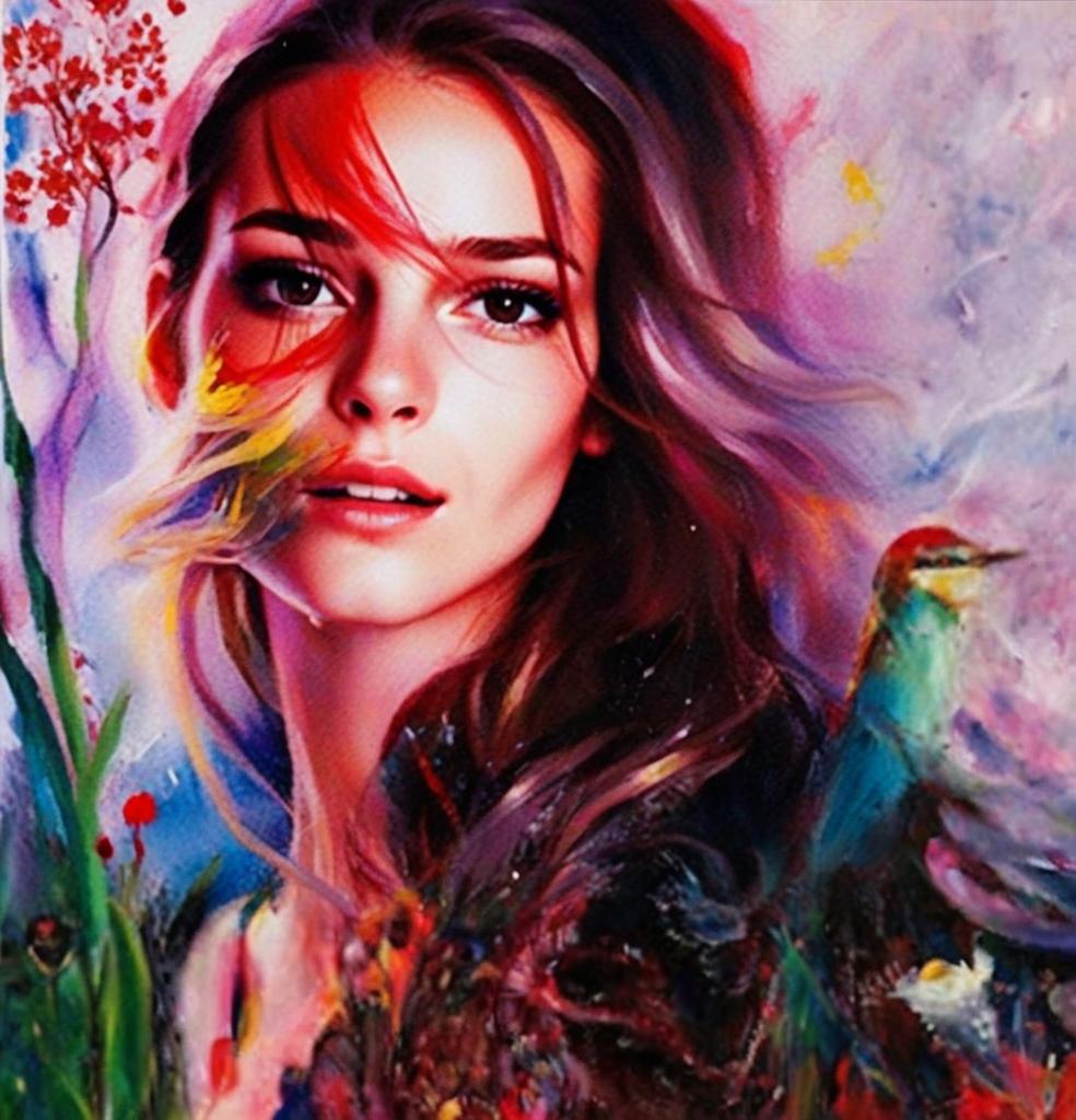 Surreal Portrait of Woman with Bird and Colorful Flora Artistic Painting