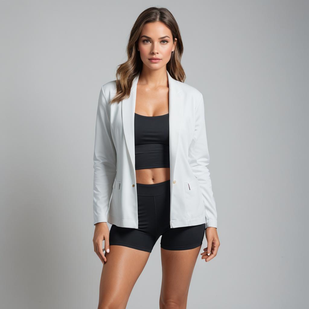 Woman in White Blazer with Black Crop Top and Biker Shorts