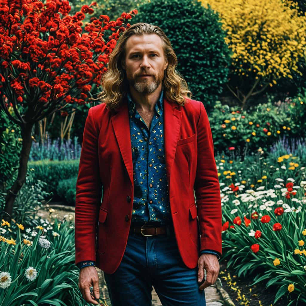Stylish Man in Red Blazer Standing in Colorful Garden