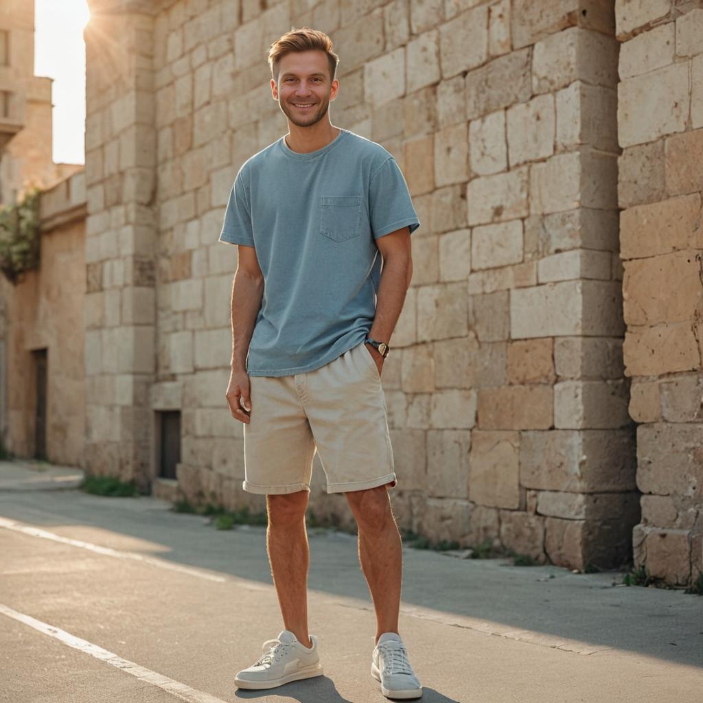 Man in Casual Summer Fashion Against Rustic Wall