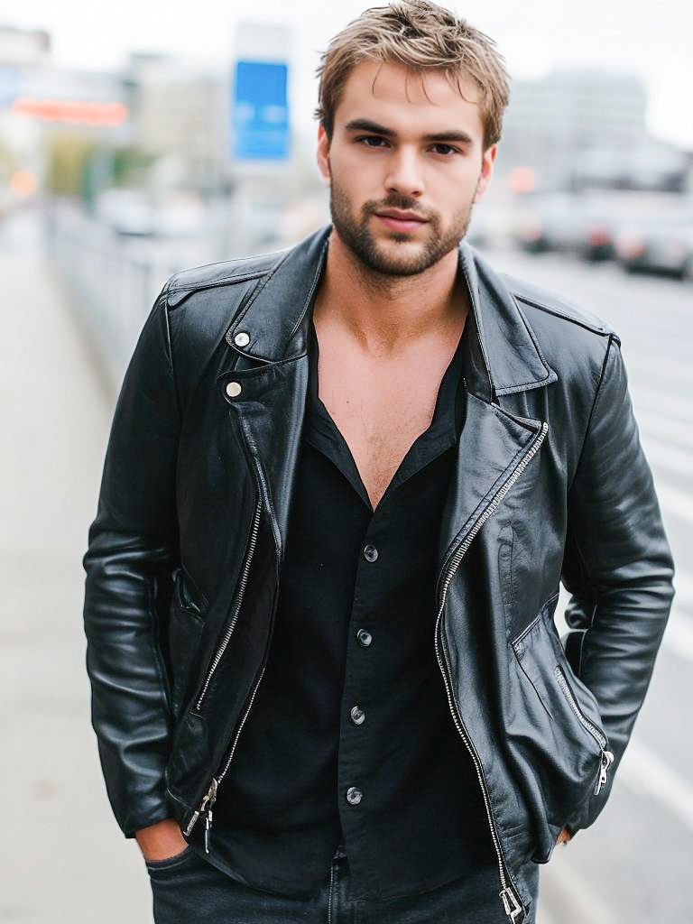 Confident Young Man in Black Leather Jacket