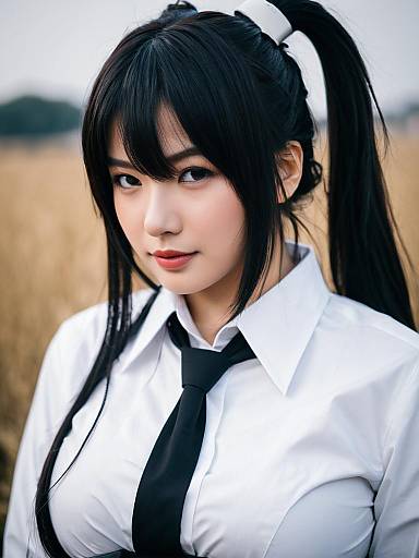 Portrait of Woman with Black Tie and High Ponytail in Outdoor Wheat Field