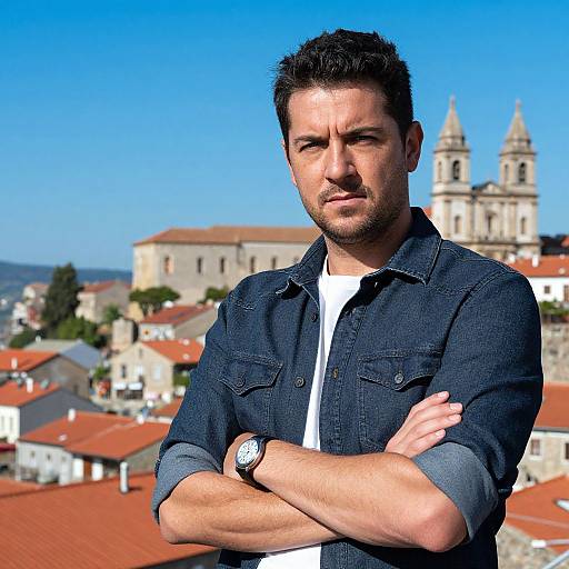 Confident Man in Denim Jacket Posing in Historic Mediterranean Town