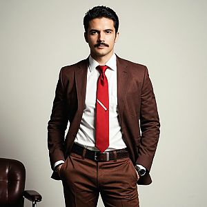 Confident Man in Brown Suit with Red Tie
