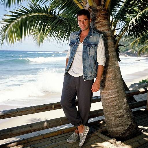 Man Leaning on Palm Tree at Tropical Beach in Casual Denim Vest Outfit