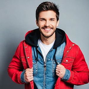 Young Man in Stylish Outfit Against Grey Background