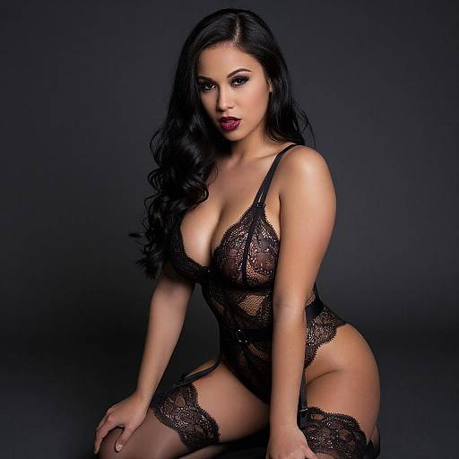 Confident Woman in Black Lace Lingerie and Stockings