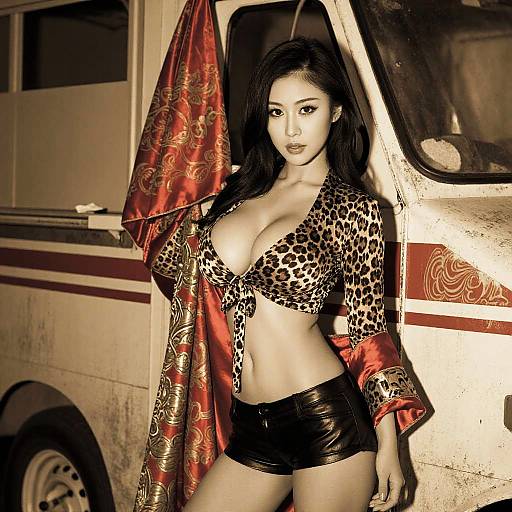 Trendy Asian Woman in Leopard Print Blouse and Black Faux Leather Shorts