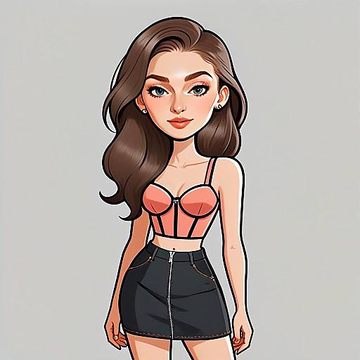 Stylish Woman in Coral Pink Crop Top and Black Mini Skirt Illustration