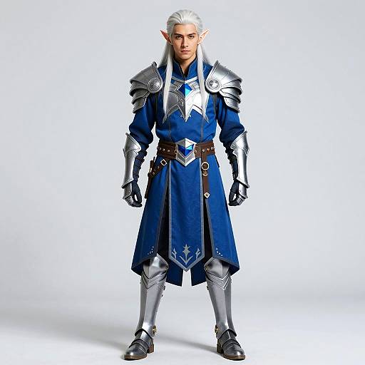 Fantasy Elf Warrior Man in Silver Armor and Blue Costume