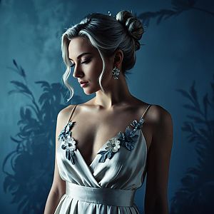 Elegant Woman in Satin White Dress with Floral Embroidery in Moody Lighting