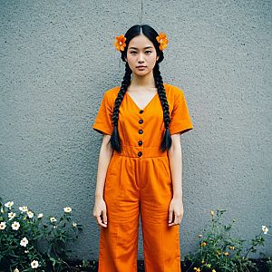 Confident Woman in Orange Jumpsuit Against Gray Wall