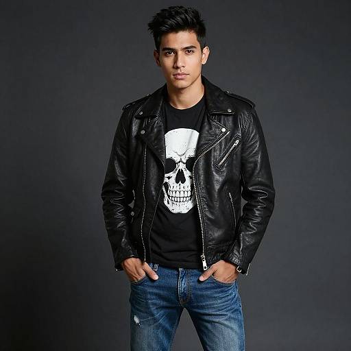 Young Man Wearing Black Leather Jacket and Skull T-Shirt Gen Z Style