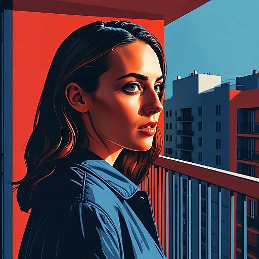 Stylized Digital Portrait of Woman on Urban Balcony with Bold Color Contrast