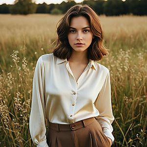 Woman in Silky Blouse and Brown Trousers in Golden Hour Field
