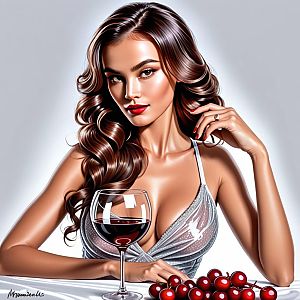 Glamorous Woman with Red Wine and Cherries Artistic Portrait