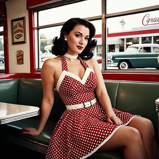 Retro 1950s Woman in Polka Dot Dress Sitting in Vintage Diner Booth