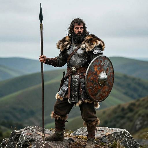 Medieval Warrior Man with Spear and Shield in Mountain Landscape