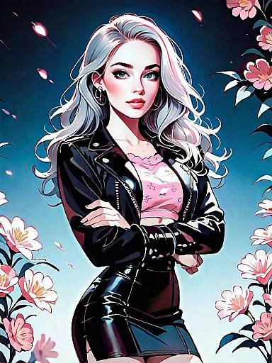 Elegant Young Woman in Black Leather Jacket and Pink Top with Floral Background Digital Art