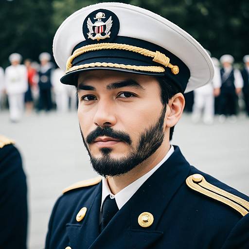 Admiral in Navy Uniform with Naval Insignia Hat Outdoors