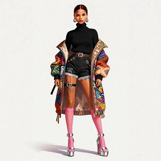 Fashionable Woman in Colorful Puffer Jacket and Bold Streetwear Outfit