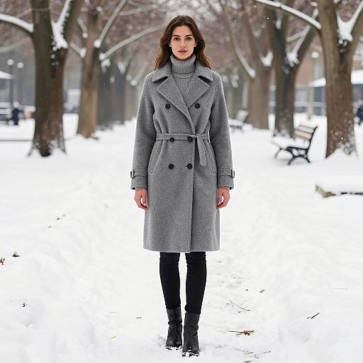 Woman Wearing Stylish Grey Wool Coat in Snowy Park