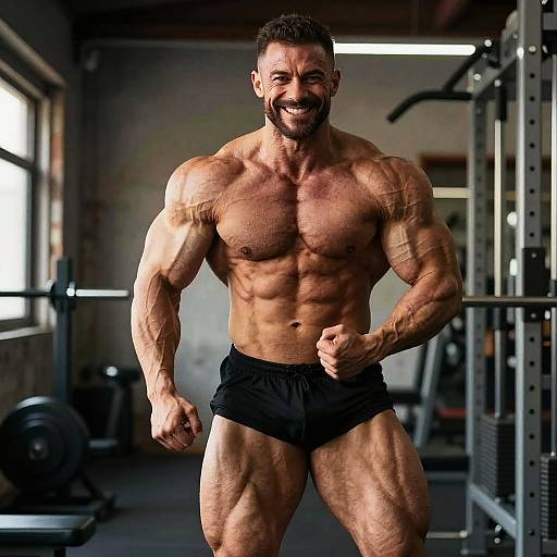 Muscular Man Posing in Gym with Defined Bodybuilding Physique