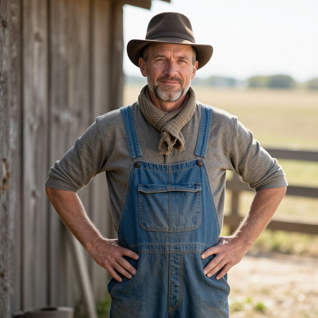 Middle-Aged Farmer in Denim Overalls and Hat Outdoors