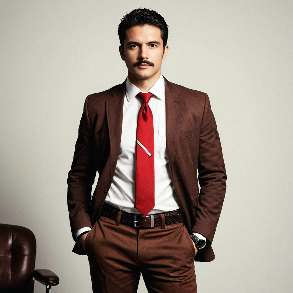 Confident Man in Brown Suit with Red Tie