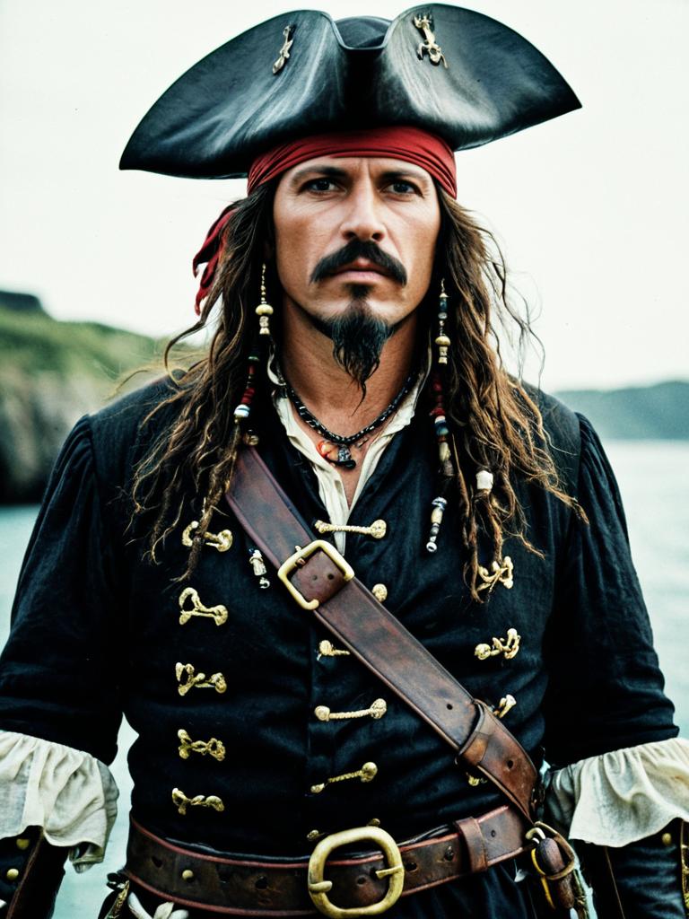Realistic Pirate Costume Man in Tricorne Hat by the Coast