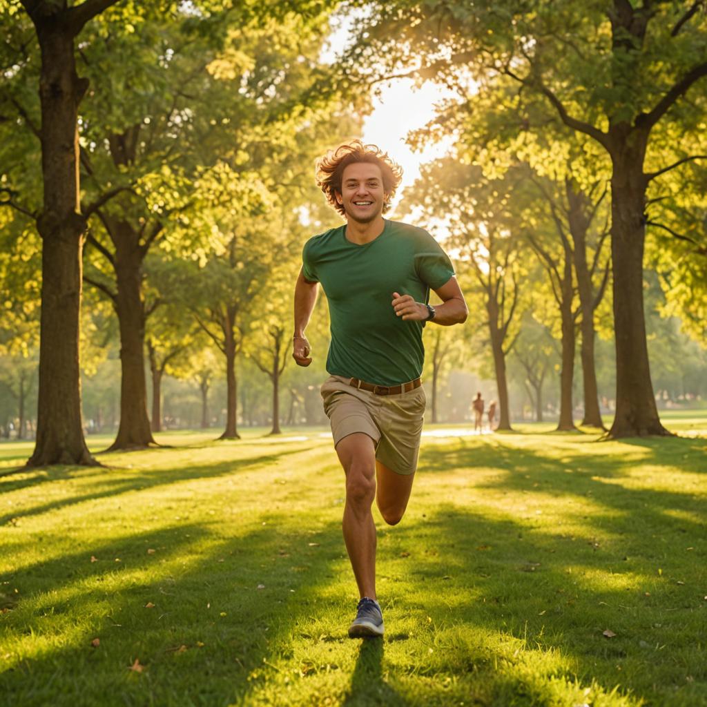 Joyful man running in sunlit park