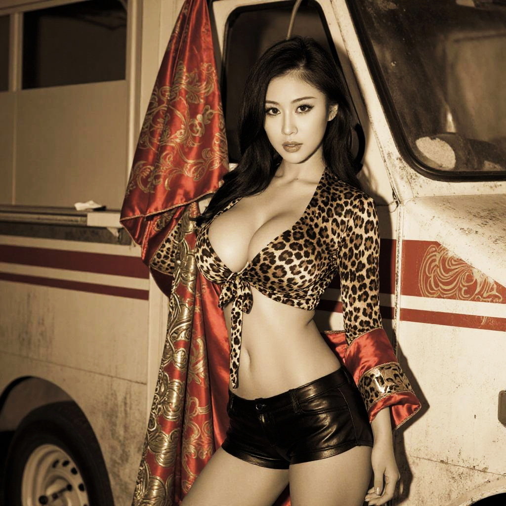 Trendy Asian Woman in Leopard Print Blouse and Black Faux Leather Shorts