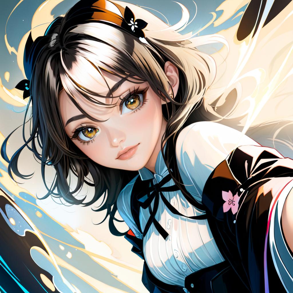 Anime character with yellow eyes, black and white hair, and butterflies