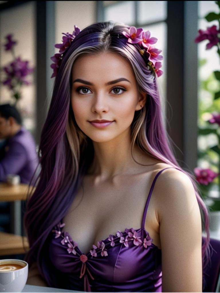 Elegant Woman with Purple Hair and Floral Accents