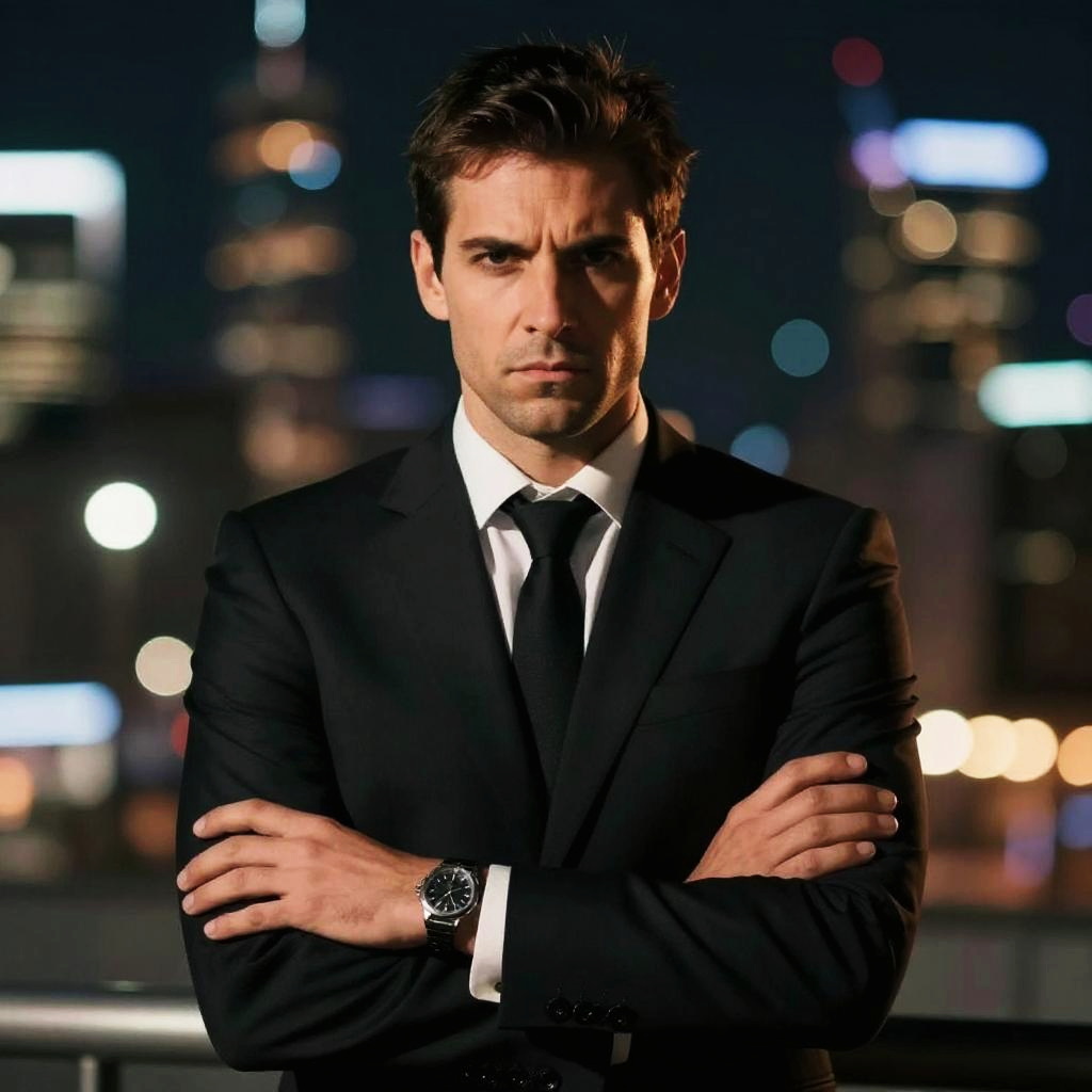 Confident Man in Black Suit at Night Cityscape
