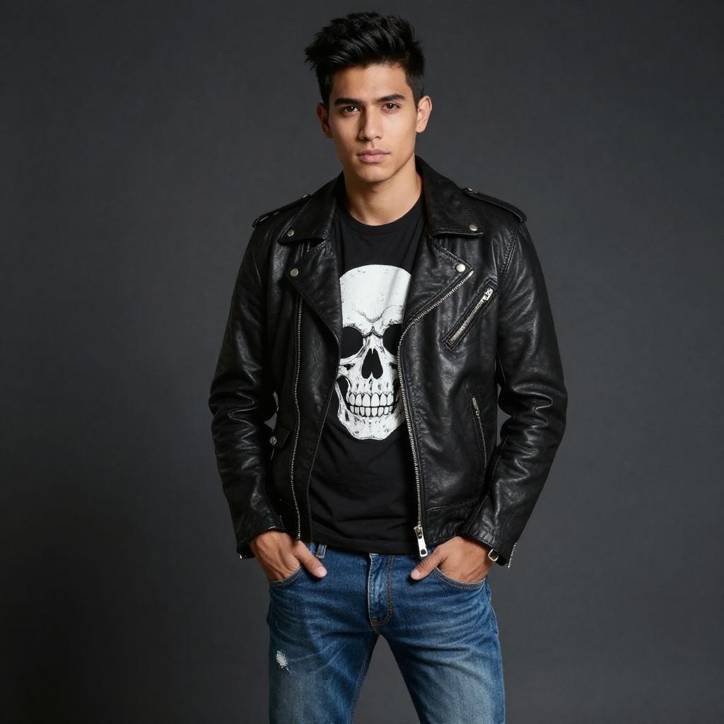 Young Man Wearing Black Leather Jacket and Skull T-Shirt Gen Z Style