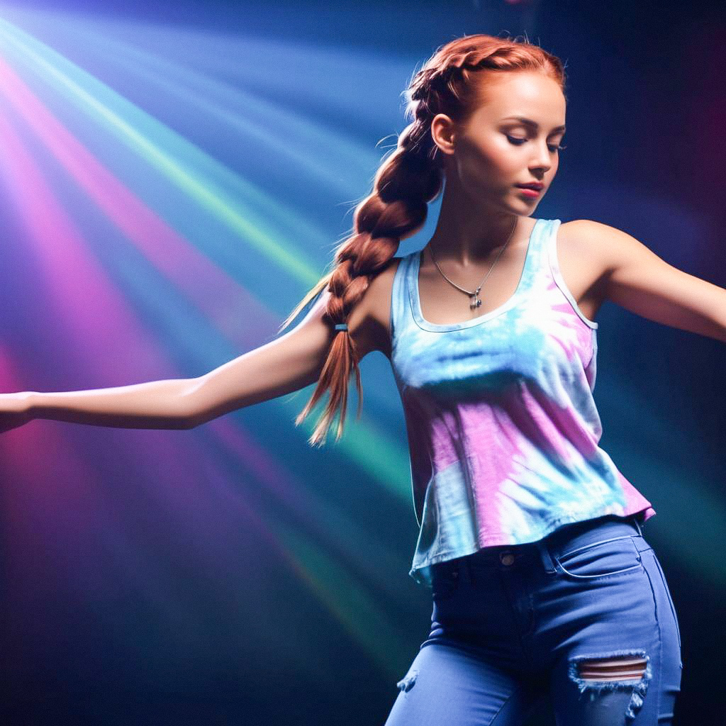 Young Woman Dancing Under Colorful Lights