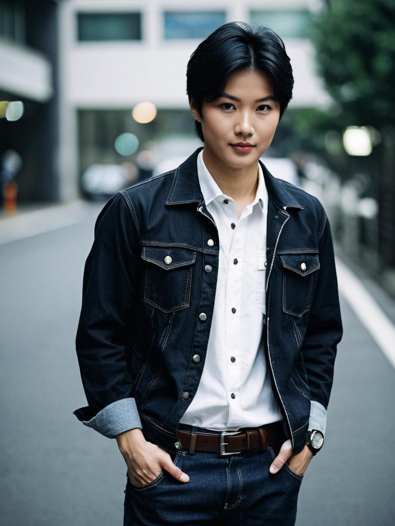 Young Man in Dark Denim Jacket and White Designer Shirt with Wristwatch